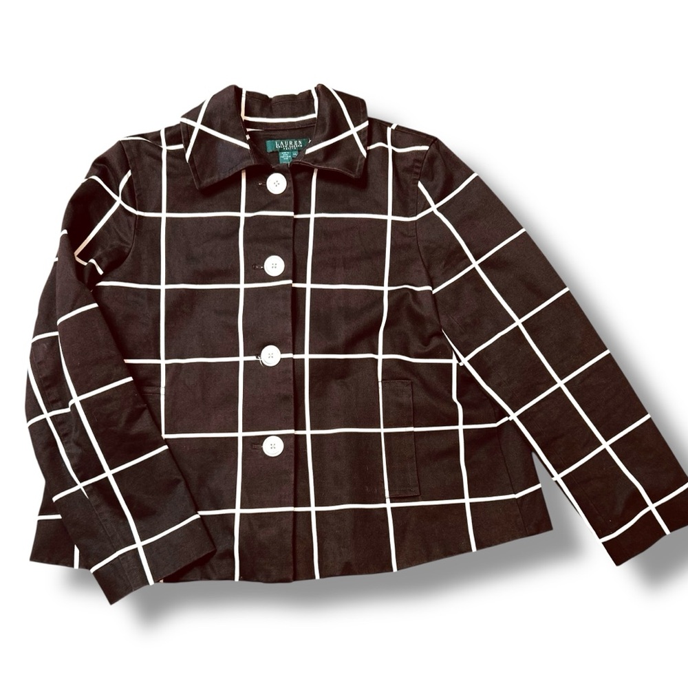 Ralph Lauren Jacket Blazer Brown White Striped Large Petites Big Buttons